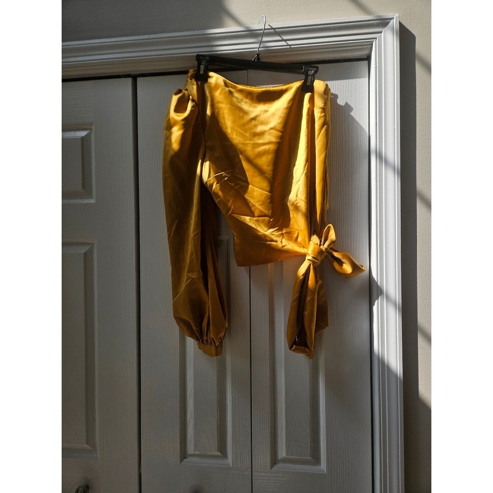 Lovers and Friends Mustard Yellow Satin Puff Sleeve Side Tie Blouse Small